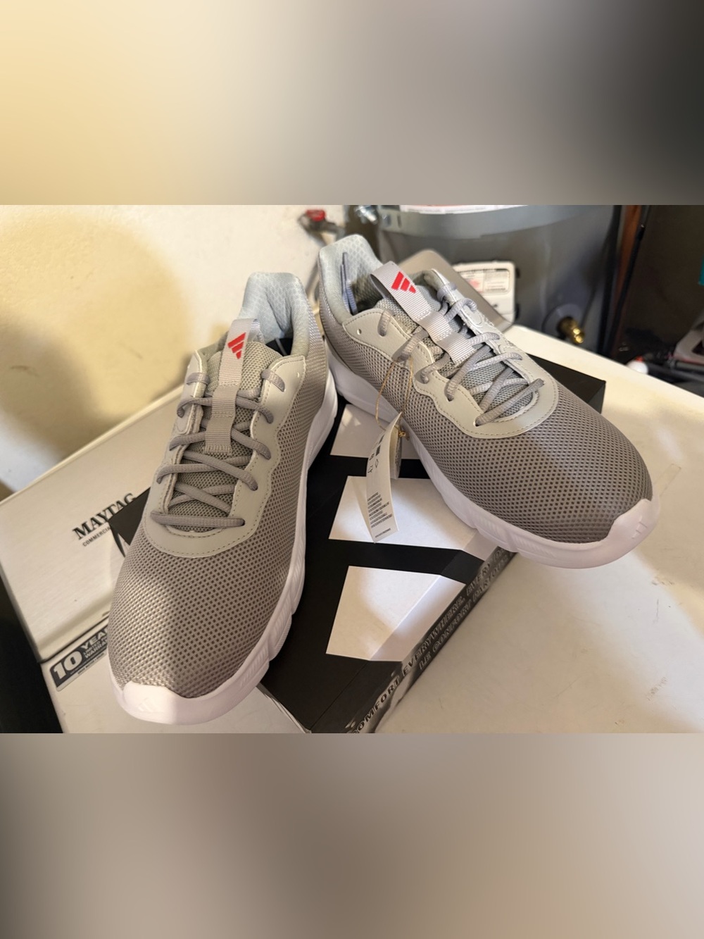 adidas Originals Grey Mesh Athletic Sneakers with Red Logo Accent